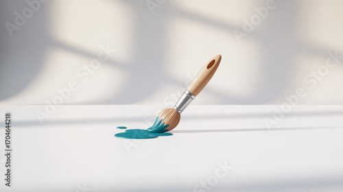 Paint brush with teal paint on white surface art painting tool design home improvement diy project concept 100