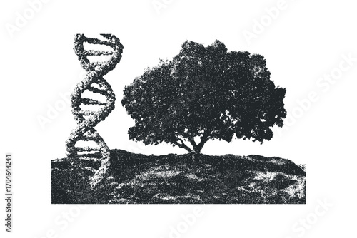 DNA helix and tree on stippled textured ground image. Vector hand drawn illustration