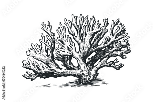 Detailed sketch of branching sea organism on transparent background. Vector hand drawn illustration