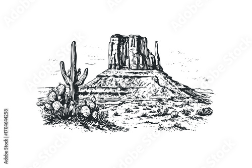 Sketch of large desert mesa and cactus plants. Vector hand drawn illustration