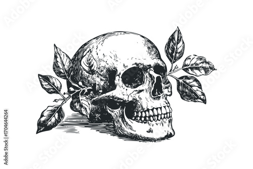 Hand Drawn Skull With Branch And Leaves Image. Vector hand drawn illustration
