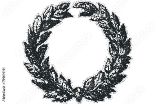 Laurel wreath symbol, victory wreath, achievement emblem, black and white stipple texture. Vector hand drawn illustration