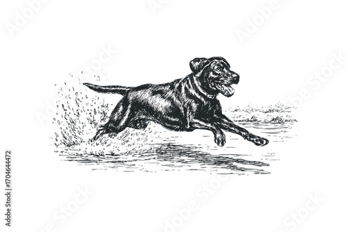 Panting black Labrador dog running through water splash. Vector hand drawn illustration