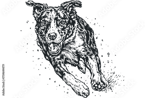 Dynamic ink sketch of a dog running forward on a white background. Vector hand drawn illustration
