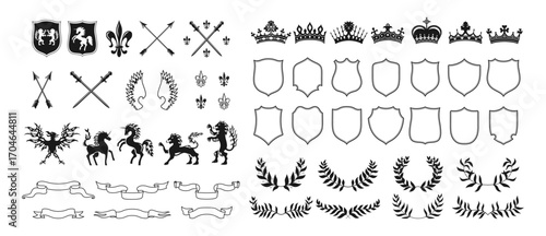 Heraldic crest or coat of arms vector set. Heraldry elements animals unicorn, lion, eagle, wings, swords and arrows, ribbons, wreaths, crowns, heraldic lily flower. Medieval emblems fantasy kingdom