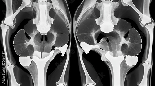 X ray image of shattered kneecap with multiple bone fragments, showing intricate details of injury