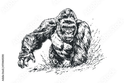 Gorilla emerging from water spray. Vector hand drawn illustration