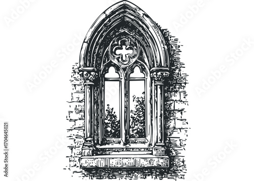 Gothic pointed arch window with stone tracery and foliage view. Vector hand drawn illustration