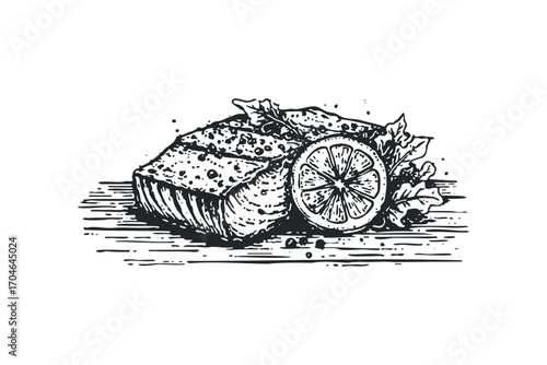 Grilled fish steak with lemon slice and fresh herbs on wood texture,. Vector hand drawn illustration