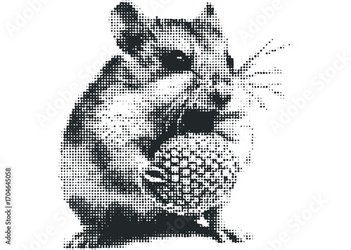 Halftone dot small animal holding seed image. Vector hand drawn illustration