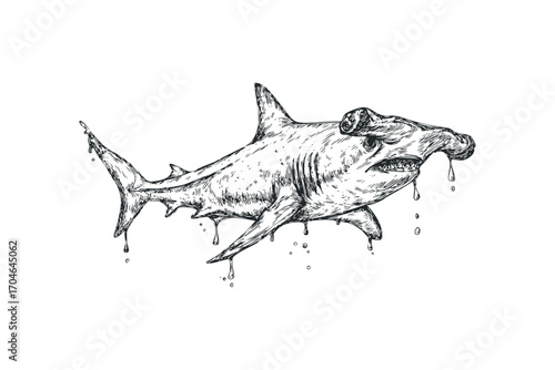 Hand Drawn Hammerhead Shark Dripping Liquid. Vector hand drawn illustration