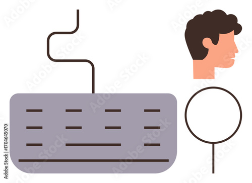Wired keyboard, magnifying glass, and human profile indicating online search, communication, and exploration. Ideal for technology, research, user behavior, innovation online tools interface