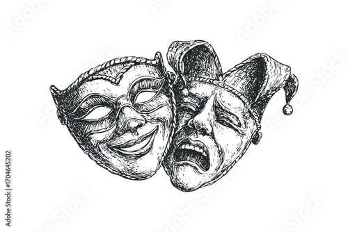 Hand drawn sketch of comedy and tragedy theatre masks on transparent background. Vector hand drawn illustration