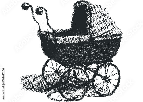Antique pram with textured finish on transparent background. Vector hand drawn illustration