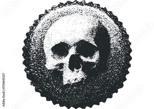 Distressed skull face with textured circular border. Vector hand drawn illustration
