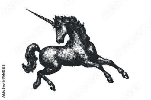 Stippled Unicorn Galloping Transparent Background. Vector hand drawn illustration