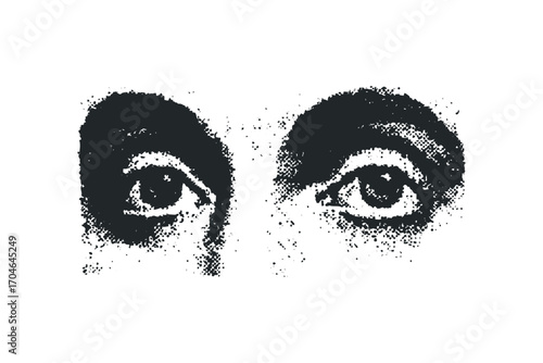 Close up of human eyes rendered with textured dots on a white surface. Vector hand drawn illustration