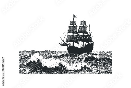 A sailing ship navigates stormy seas with choppy waves. Vector hand drawn illustration