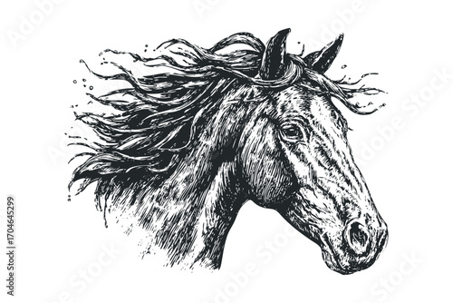 Hand drawn horse head with flowing mane on transparent background, isolated. Vector hand drawn illustration