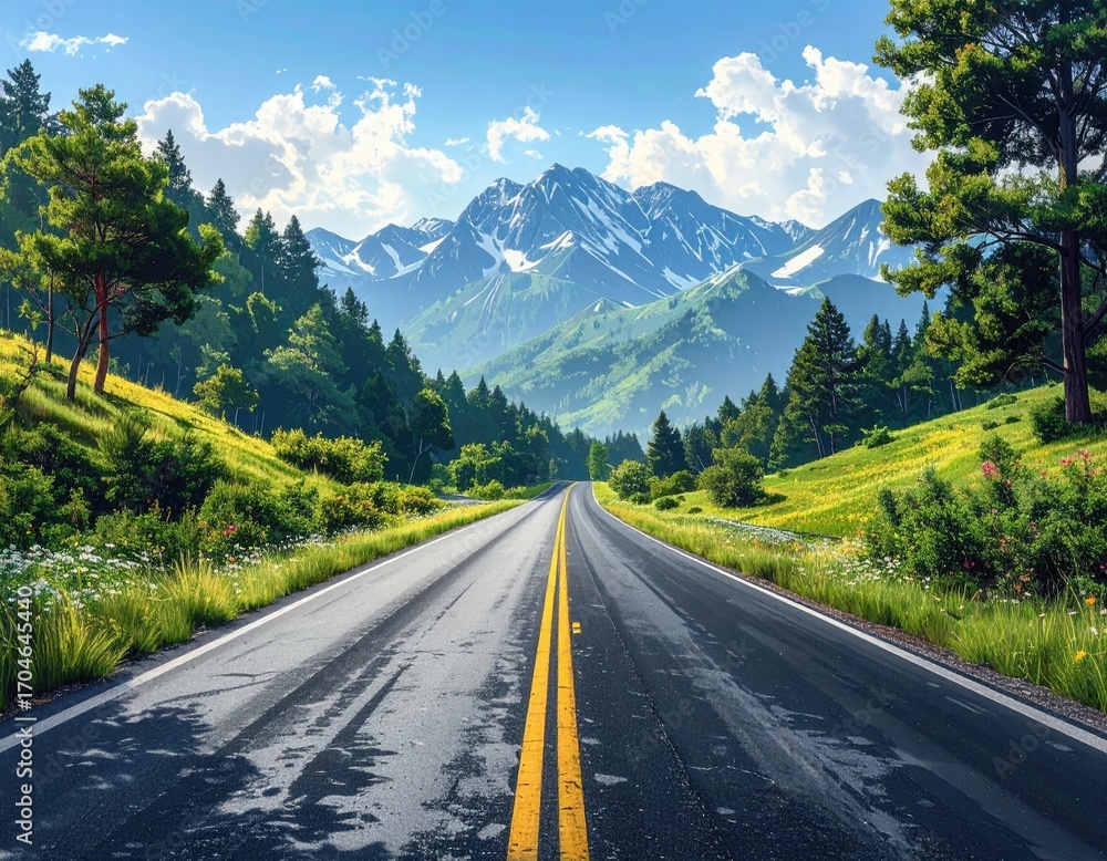 Fototapeta premium Scenic mountain road stretches into the distance under a vibrant sky