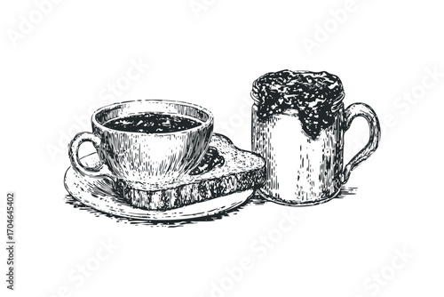 Hand drawn sketch of toast with jam and a cup of coffee. Vector hand drawn illustration