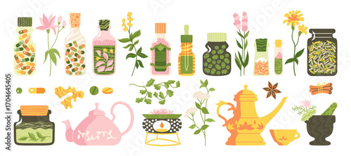 Ayurveda medicine cartoon set. Flat medical ayurvedic vector illustration. Medicine bottle with pills capsules vitamin, cosmetics. Tincture tea and teapot cup, ginger and spices. Herbs and flowers