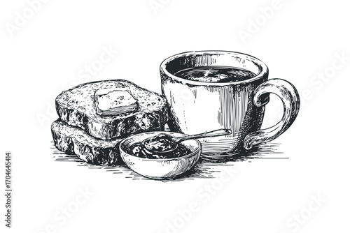 Hand drawn coffee cup with toast and jam. Vector hand drawn illustration