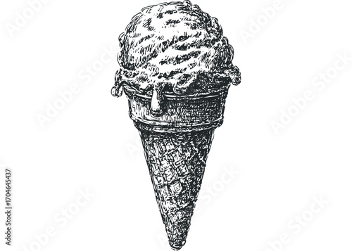 Hand drawn melting ice cream cone sketch. Vector hand drawn illustration