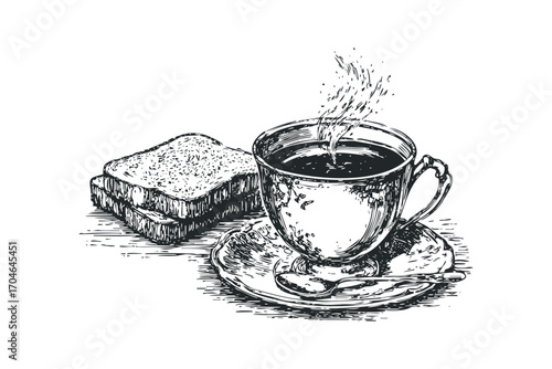 Steaming Cup of Coffee and Toast Slices Image. Vector hand drawn illustration