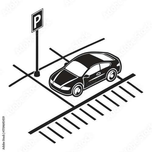 Black and white illustration of a black sedan in a parking space with a parking sign automobile