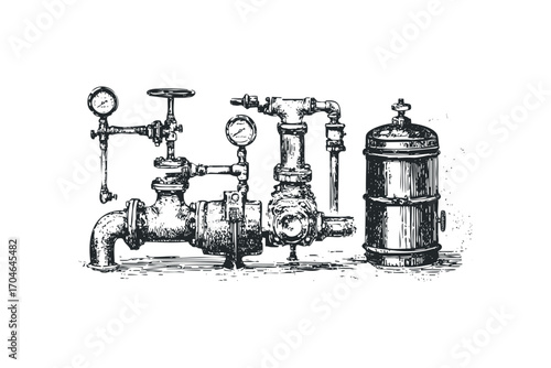 Vintage pump and gauge system on transparent background. Vector hand drawn illustration