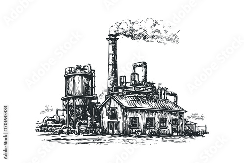 Sketch of an old factory with a smoking chimney and pipes on a transparent background. Vector hand drawn illustration