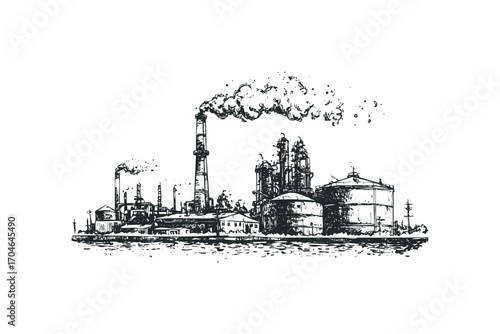 Sketch of industrial factory with smoke stacks and tanks. Vector hand drawn illustration