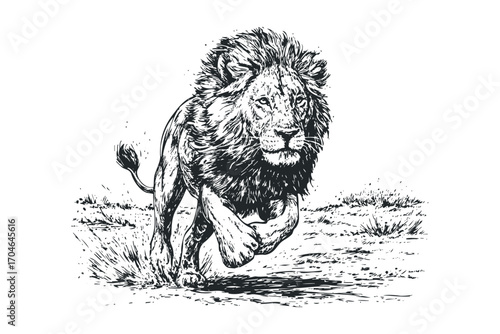 Majestic lion running forward on grassy terrain, on transparent background. Vector hand drawn illustration