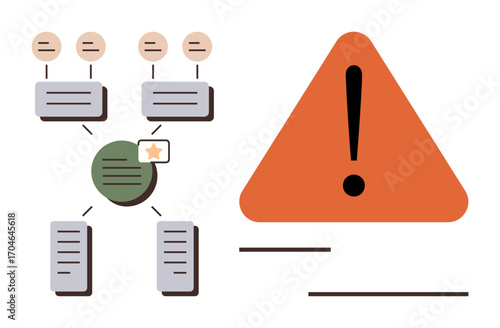 Flowchart with interconnected nodes and an orange warning triangle with exclamation mark. Ideal for safety protocols, decision-making, risk management, process analysis, attention focus, incident