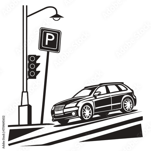 Black and white illustration of a car driving past a traffic light and parking sign Keywords: car, automobile, vehicle, transport, transportation, illustration, black and white, drawing, icon