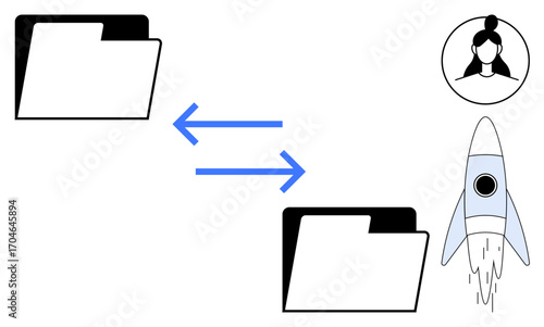 Two folders connected by blue arrows, profile icon and rocket launch symbolizing sharing, innovation, and growth. Ideal for ideas, technology, teamwork, networking, strategy development simple flat