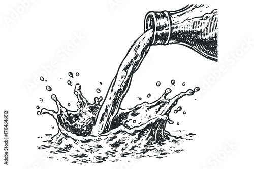 Bottle pouring liquid, dynamic splash and droplets, ink sketch on white. Vector hand drawn illustration
