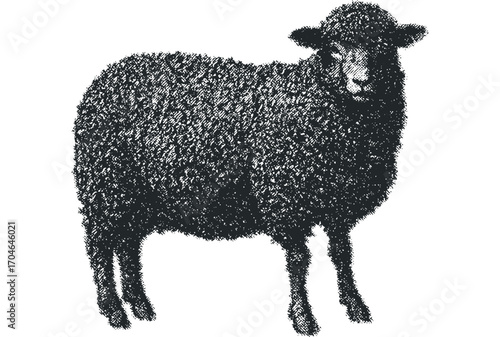 Textured black sheep isolated on white. Vector hand drawn illustration