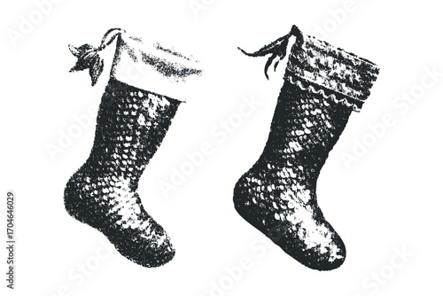 Textured Christmas Stocking Duo Isolated. Vector hand drawn illustration