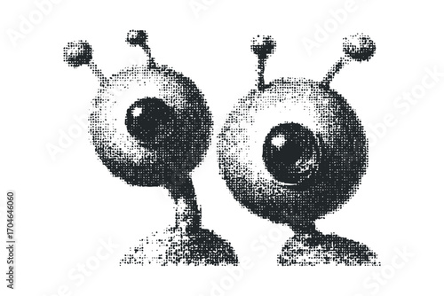 Halftone alien creature with antennae image. Vector hand drawn illustration