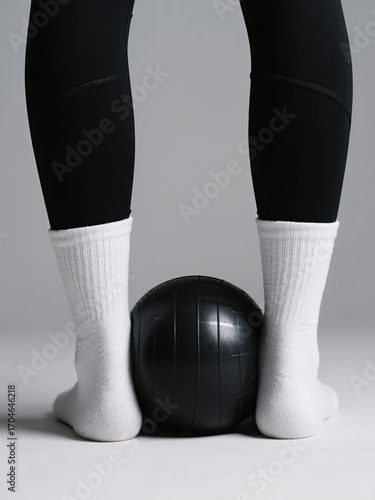 Legs in black leggings and white socks standing with a small black fitness ball, minimalist studio shot for exercise, balance, and wellness concept.