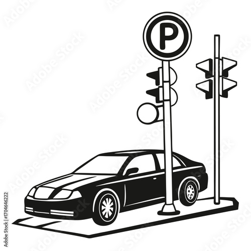Black and white illustration of a sedan parked near a traffic light and a parking sign automobile