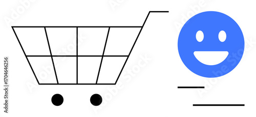 Shopping cart with black lines and wheels alongside a blue happy face. Ideal for e-commerce, online shopping, retail services, customer satisfaction, user experience, marketing, and simple landing
