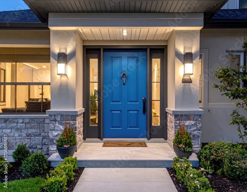 Modern home entrance at dusk.  Blue door  light gray stone accents  and well-lit porch