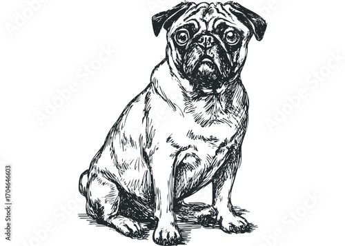 Sketch of a Pug Dog Sitting on a Transparent Background. Vector hand drawn illustration