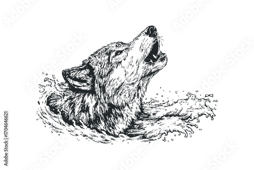 Howling wolf emerging from splashing water in sketch style. Vector hand drawn illustration