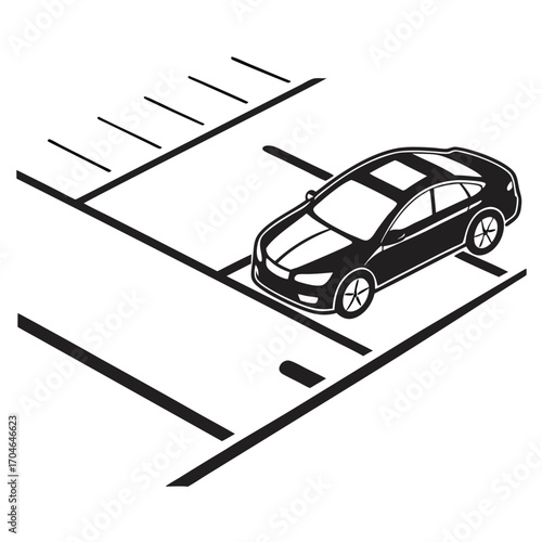 Isometric black and white illustration of a modern sedan parked in a designated parking space on a road