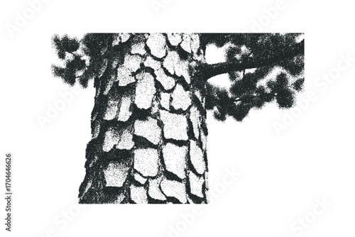 Textured pine tree trunk with foliage rendered in stipple technique. Vector hand drawn illustration