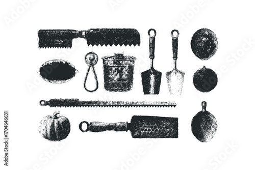 Collection of vintage kitchenware and tools on transparent background. Vector hand drawn illustration